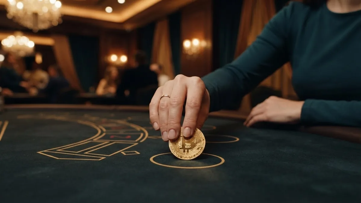 Close-up: a woman's hand in a petrol-teal sleeve sliding a gold token with a bitcoin symbol toward a betting area on felt