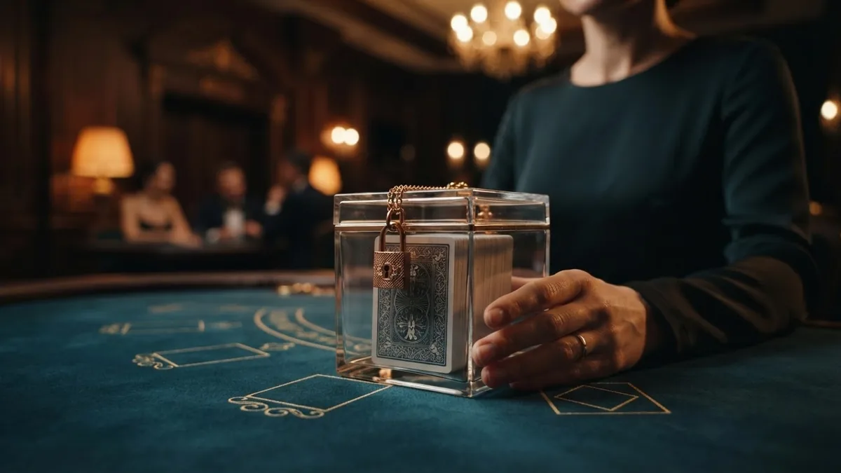 3D still life: a sealed glass cube with a deck of cards inside and a gold padlock, petrol background