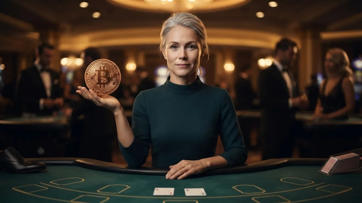 A croupier holding a gold bitcoin token on her open palm, serious expression, dim light