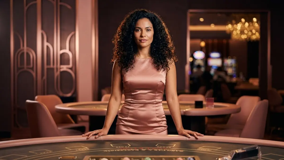 A croupier at a baccarat table in front of a studio camera, rose-gold light