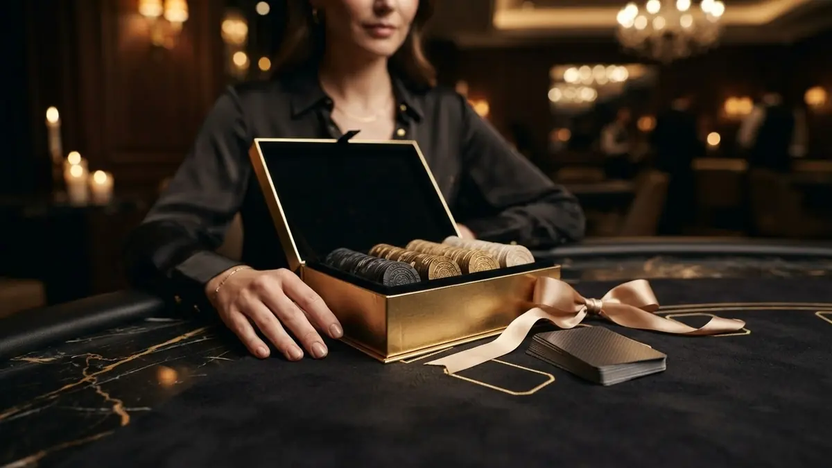 Still life: an open gold gift box with casino chips inside, satin ribbon, playing cards face down next to it, no numbers