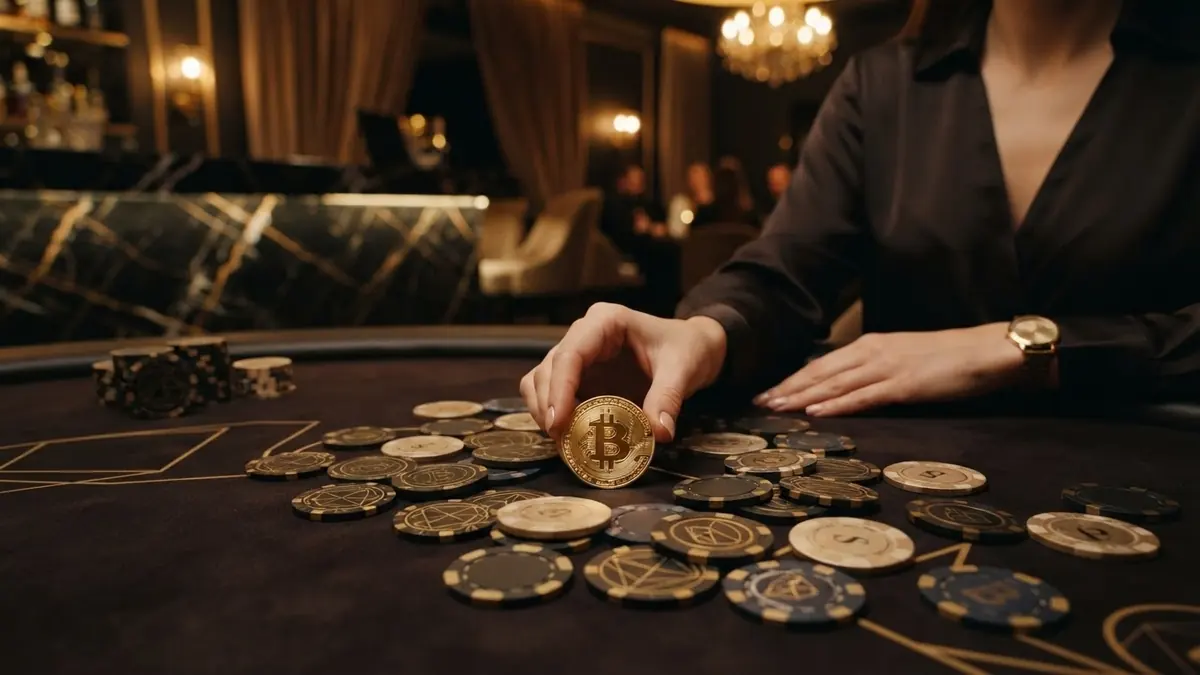 Still life: a gold coin with an embossed bitcoin symbol lying among casino chips on dark felt, petrol-teal reflection highlight