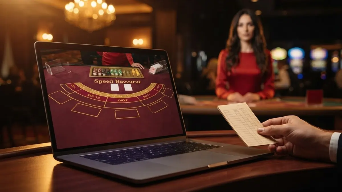A croupier in the studio in background