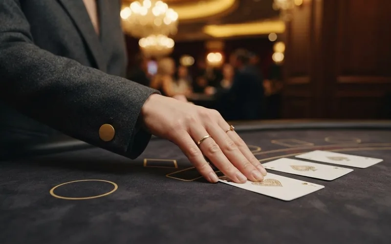 A woman's hand with gold cufflink on a graphite sleeve holding down a third card on felt