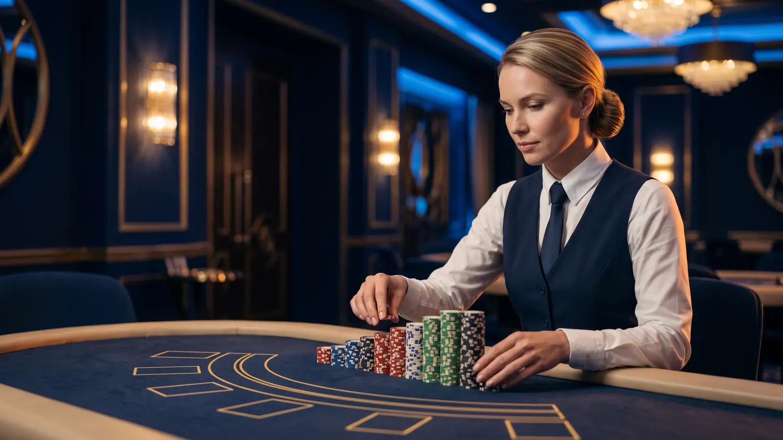 A croupier in a dark navy three-piece suit at a table arranging casino chips in neat columns of rising heights like a bar chart