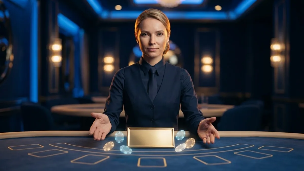 A croupier gesturing invitingly toward a table with a blank small plaque and virtual translucent glowing chips