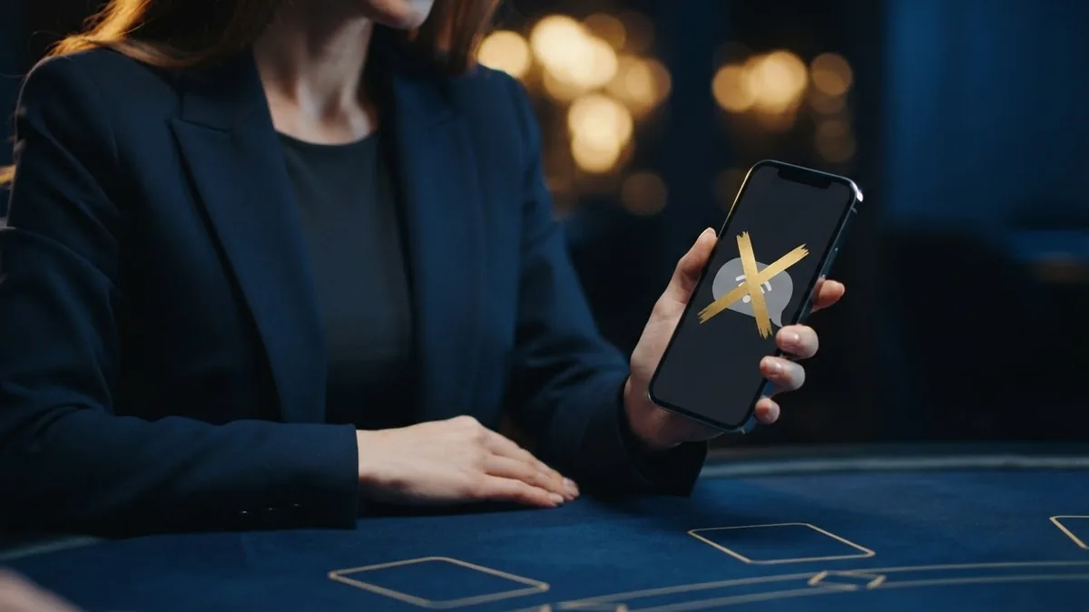 A smartphone showing a generic chat bubble with a 'signal' notification, crossed out with a large gold X, dark cold light