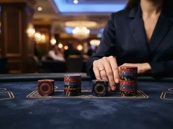 Four stacks of casino chips with heights of 1, 3, 2 and 6 chips standing in a row on navy felt