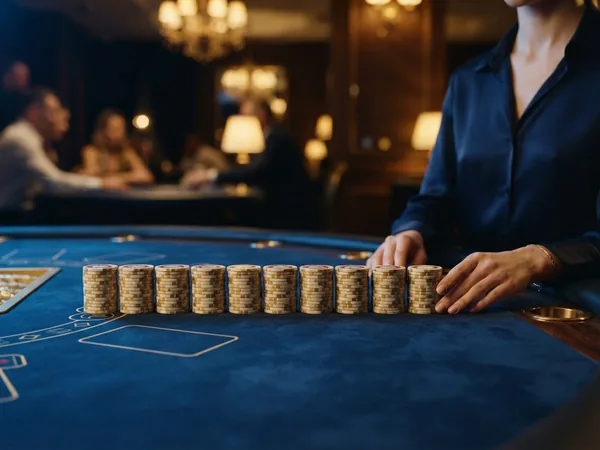 A perfectly flat horizontal row of identical casino chip stacks of equal height on navy felt