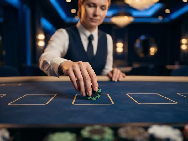 A croupier's hand placing one chip on one betting area, the other area empty, navy felt close-up