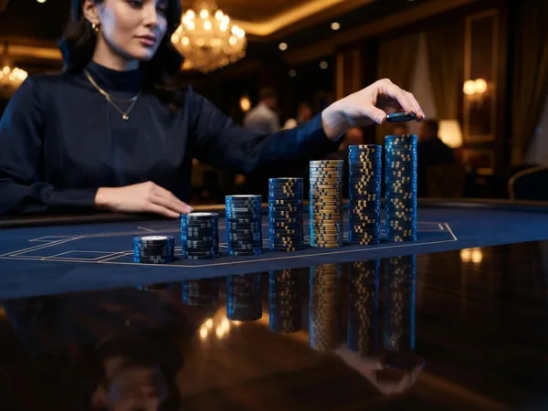 A rising row of casino chip stacks reflected in a polished dark lacquered table surface, mirror reflection