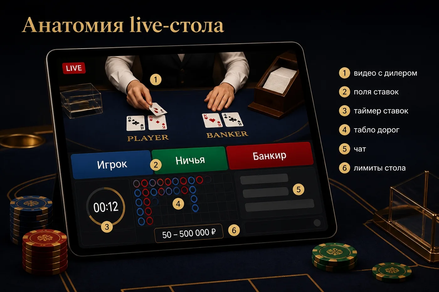 Интерфейс live-баккара: шесть зон
