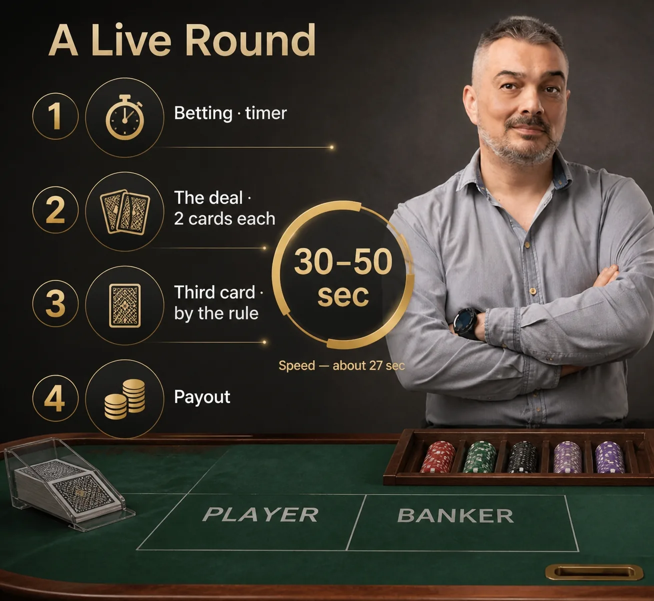 Four stages of a live baccarat round