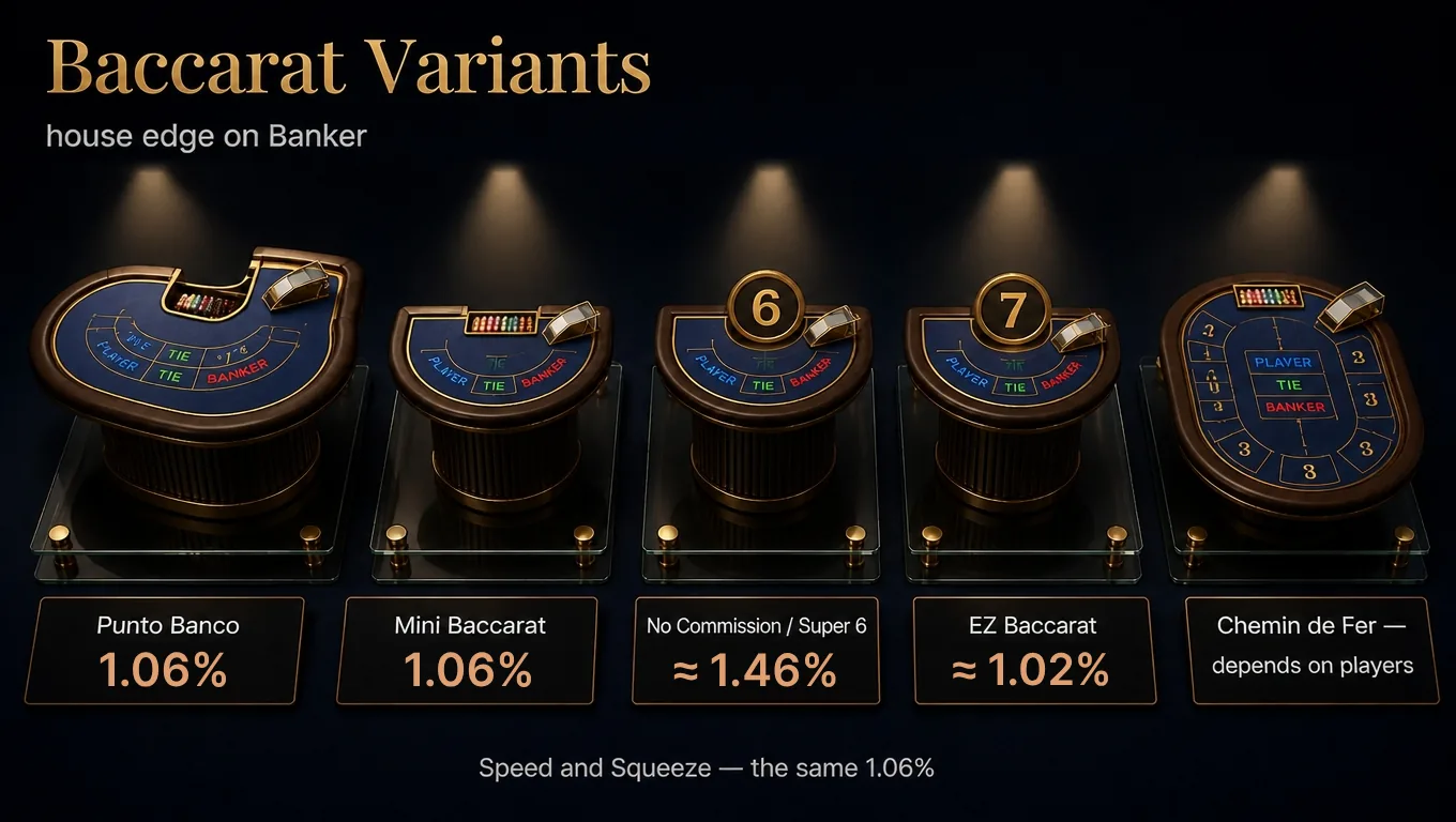 Tables of five baccarat variants and their house edge